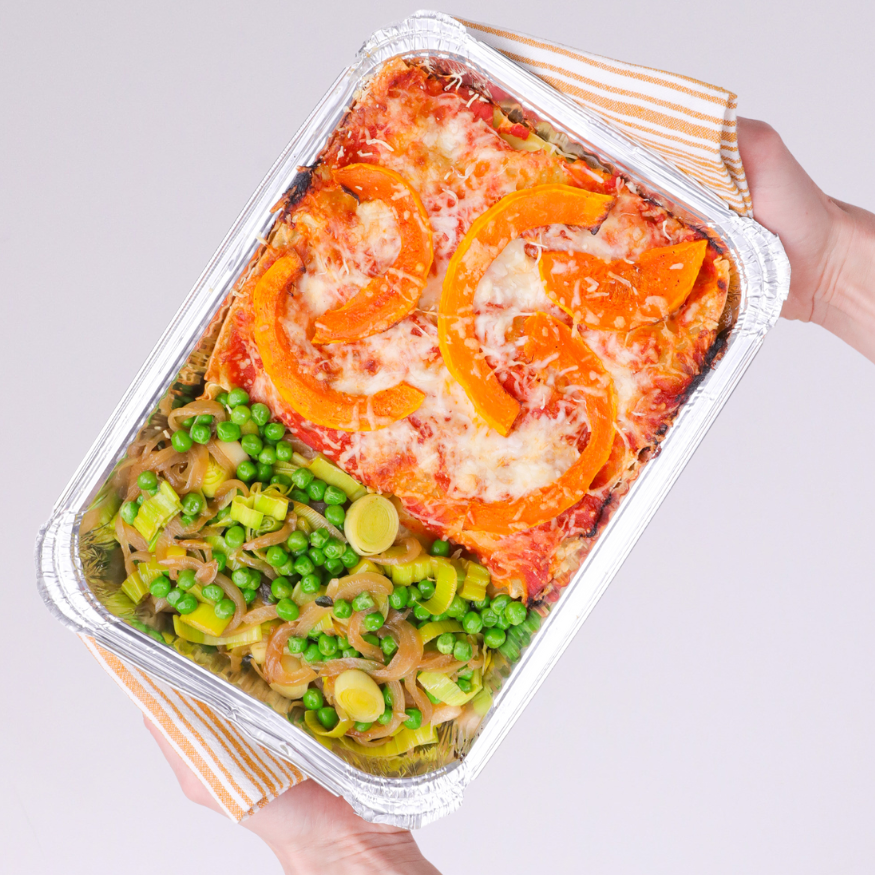 Harvest Lasagna with brown rice pasta, delicate butternut squash, creamy gournay greens, and slow roasted tomatoes from Kitchenette, a Santa Barbara based family meal delivery service.