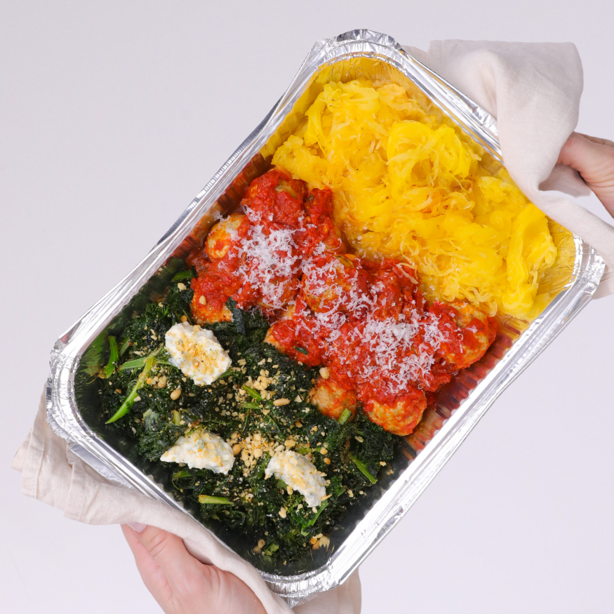 Spaghetti Squash & Turkey Meatball with braised kale and herbed ricotta from Kitchenette, a Santa Barbara based family meal delivery service.