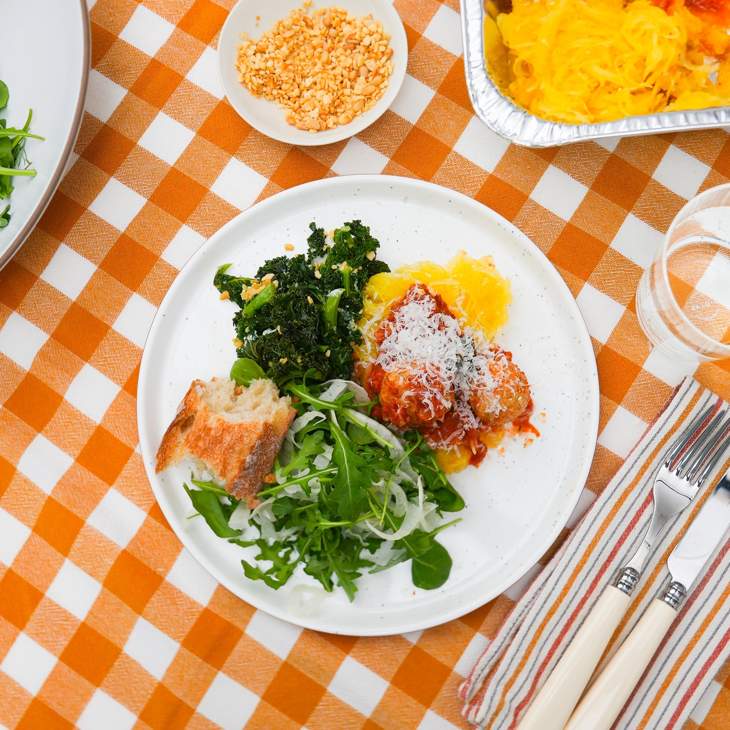 Spaghetti Squash & Turkey Meatball with braised kale and herbed ricotta from Kitchenette, a Santa Barbara based family meal delivery service.