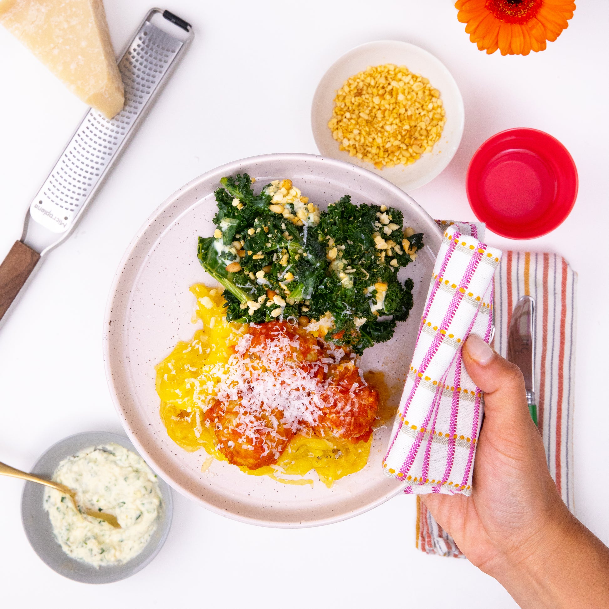 Spaghetti Squash & Turkey Meatball with braised kale and herbed ricotta from Kitchenette, a Santa Barbara based family meal delivery service.