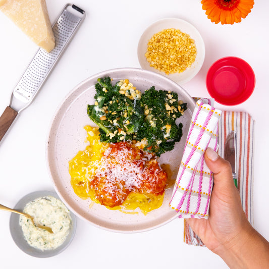 Spaghetti Squash & Turkey Meatball with braised kale and herbed ricotta from Kitchenette, a Santa Barbara based family meal delivery service.